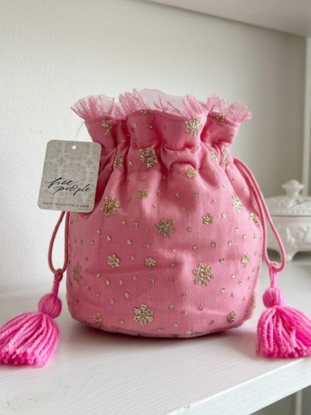 NWT Free People Pink Drawstring Tassel Pouch with Silver Embellishments